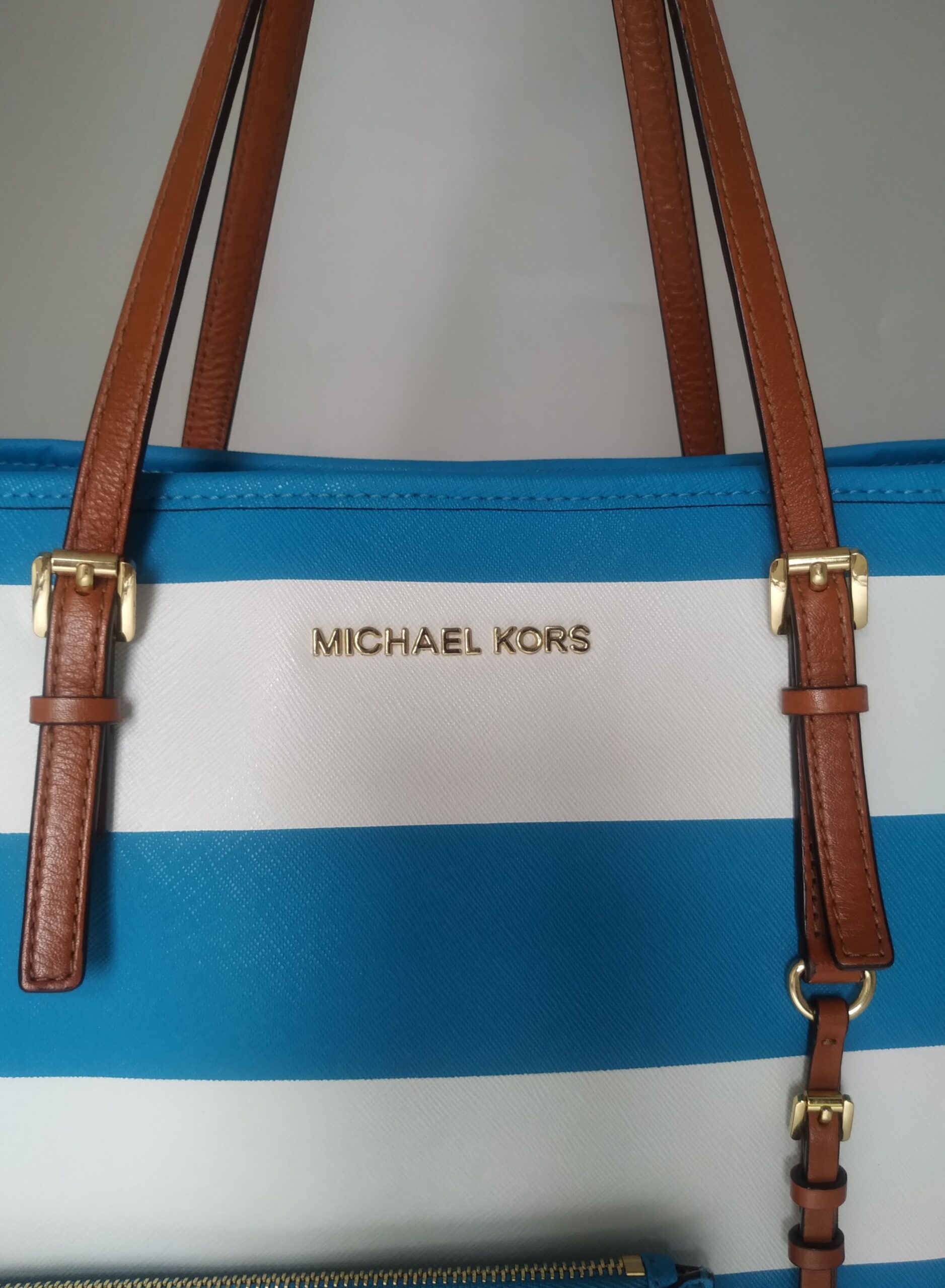 Michael Michael Kors Blue/White Saffiano Leather Small Stripe