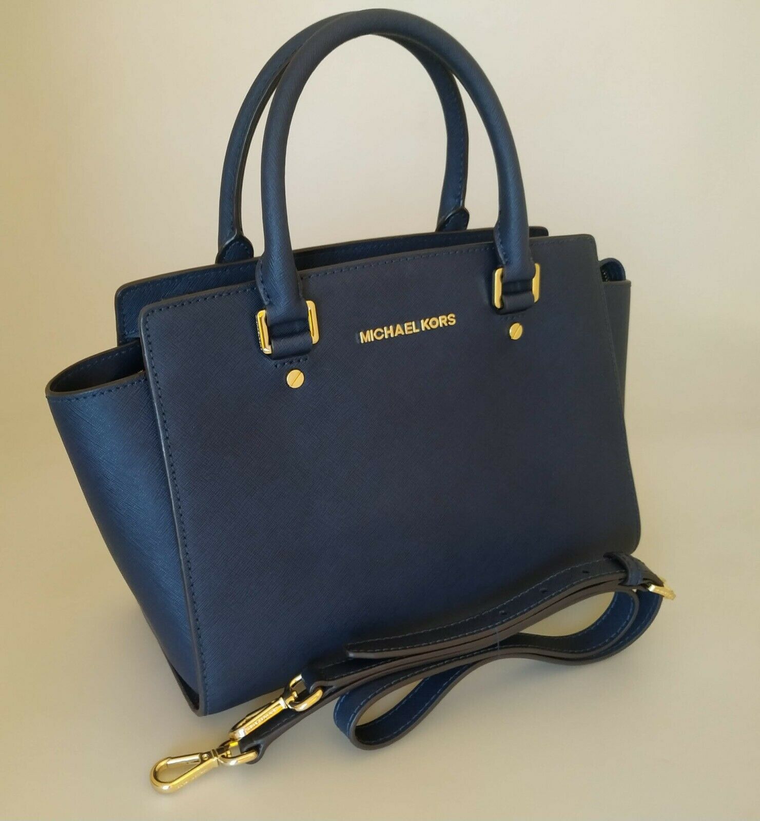 Michael Kors Selma Leather Navy Blue Gold Studded Satchel Handbag XL $428